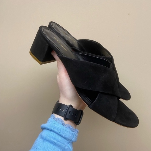 Black Suede Crossover Heeled Sandal | Mansur Gavriel - Picture 4 of 7